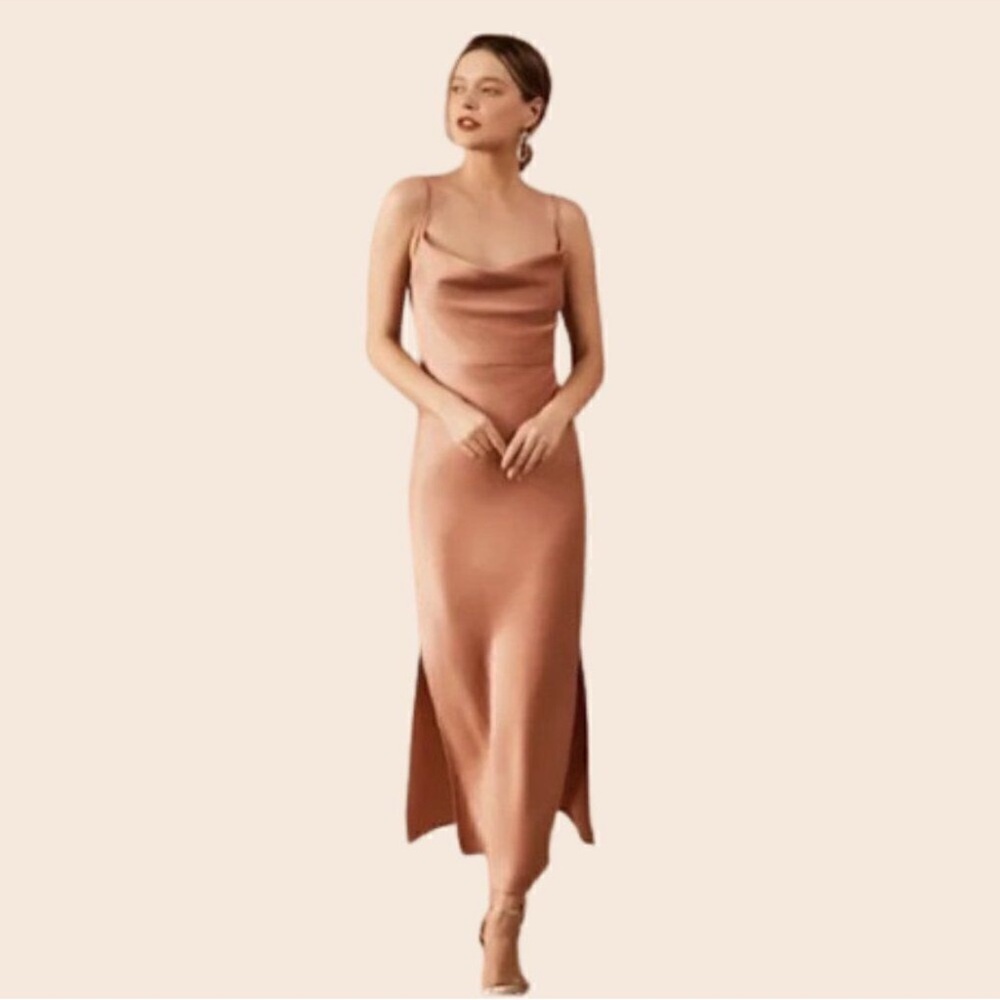 BHLDN Satin Slip Midi Dress in Blush Copper